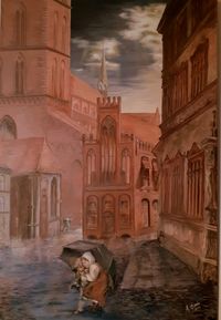 Gemälde, Gotisches Viertel, Wismar, Illustration History-Reihe, handgemalt
